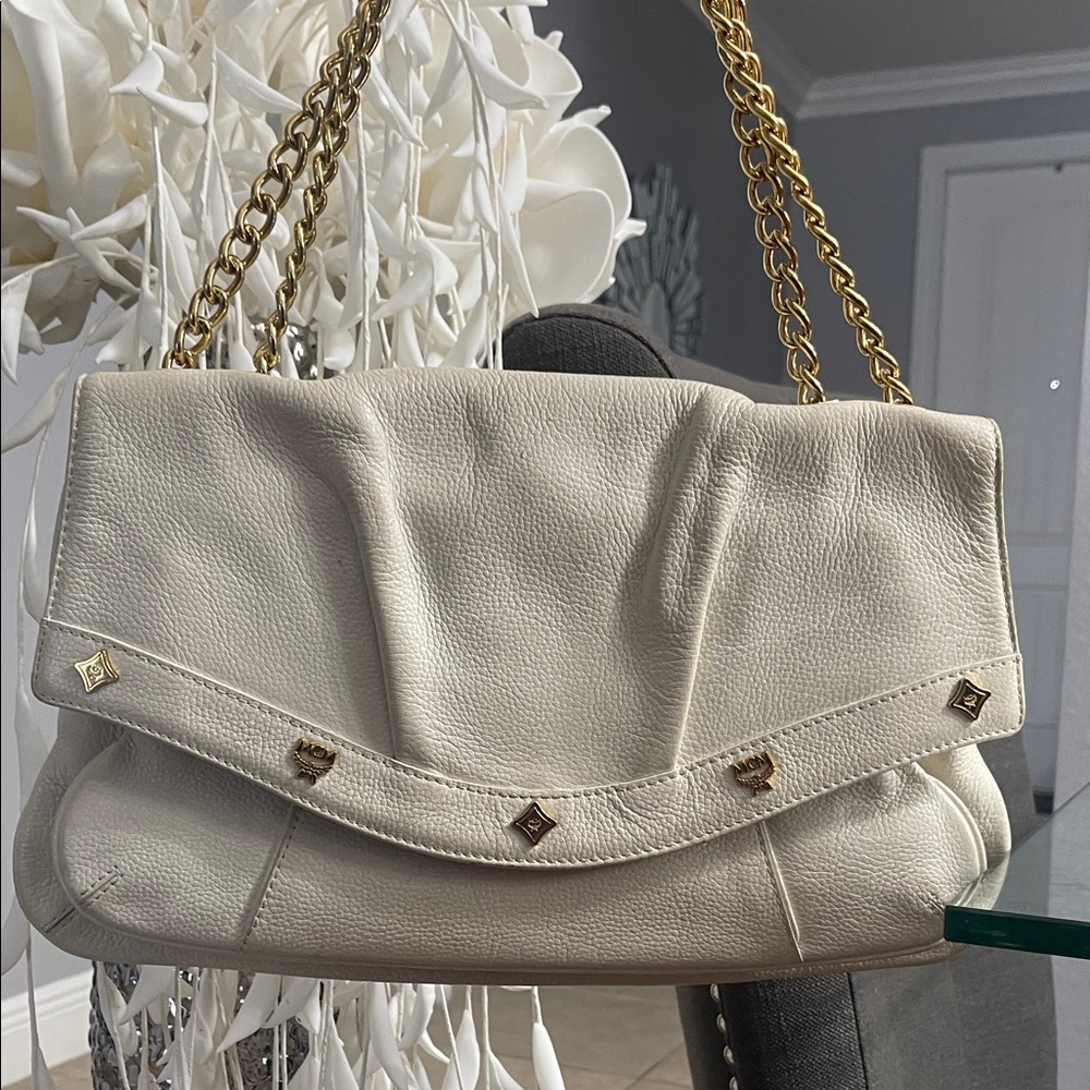 MCM Cream Leather Shoulder Bag with Gold Chain